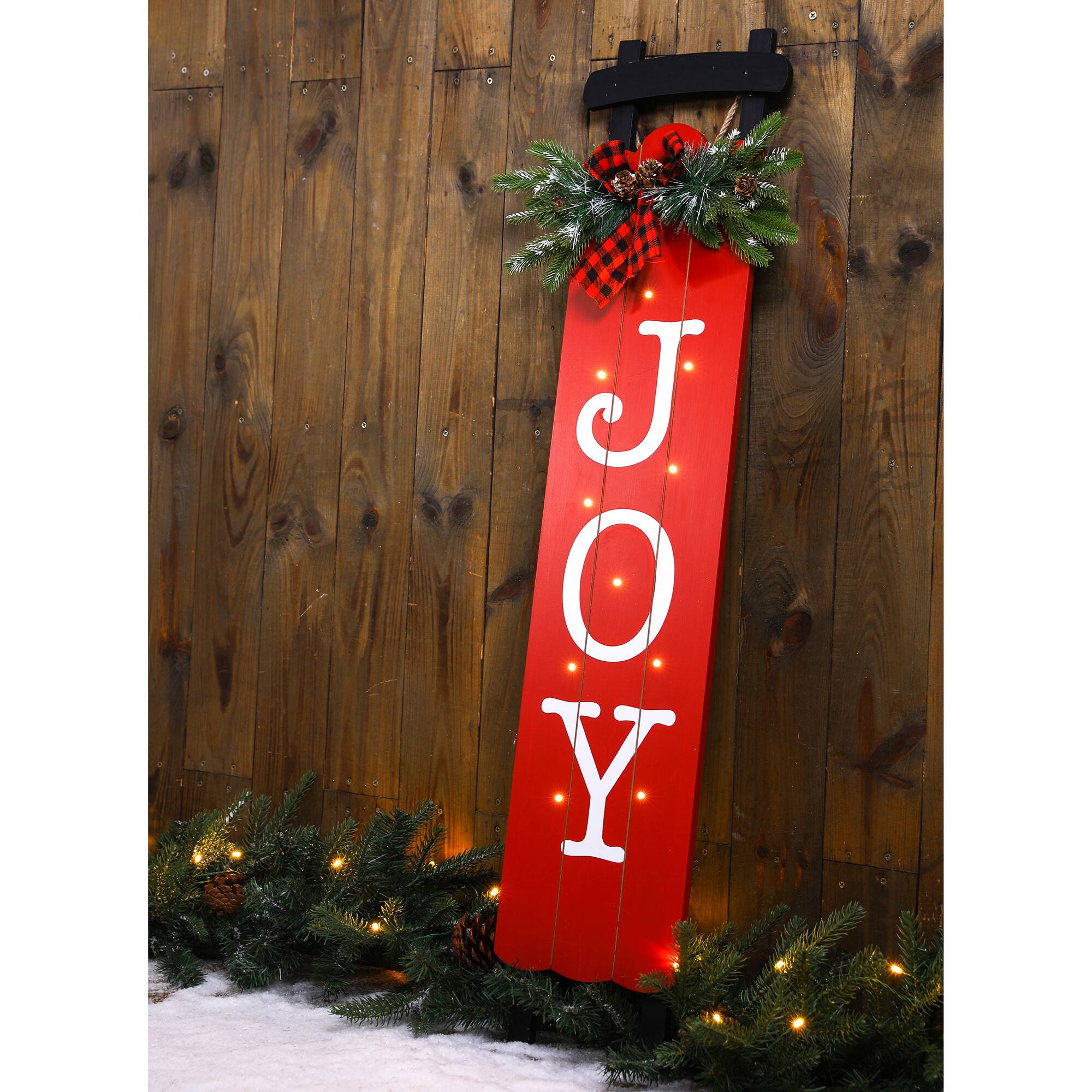 Glitzhome® 40" Lighted Wooden Sleigh JOY Porch Sign with Timer